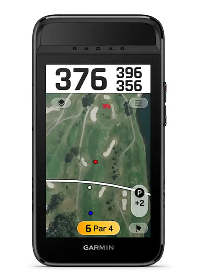 Garmin Approach® G82 GPS & Launch Monitor displaying golf course layout with distances and hole information.