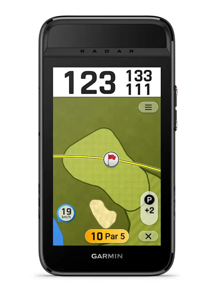 Garmin Approach® G82 GPS & Launch Monitor displaying golf course information and statistics on a high-resolution screen.