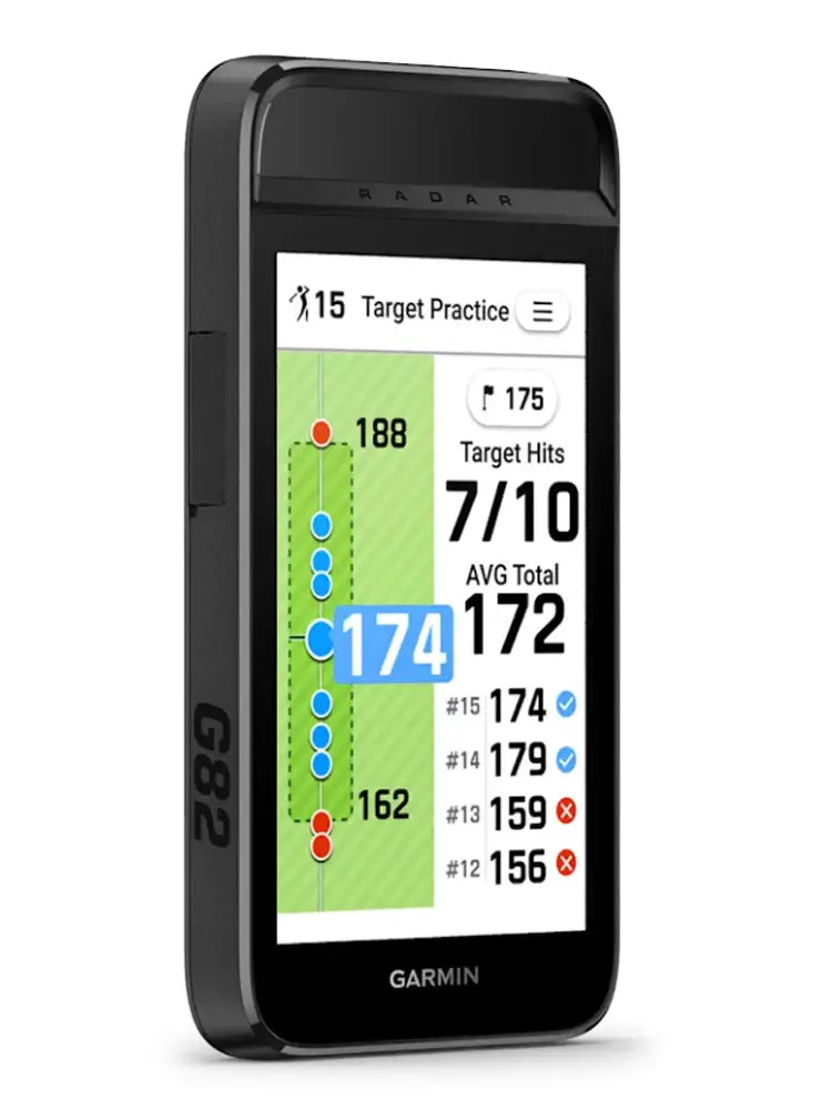 Garmin Approach® G82 GPS & Launch Monitor displaying target practice statistics and performance metrics.