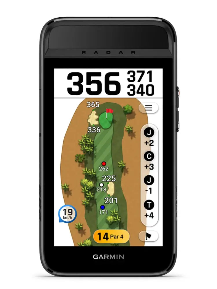 Garmin Approach® G82 GPS & Launch Monitor displaying golf course layout and statistics on a high-resolution screen.