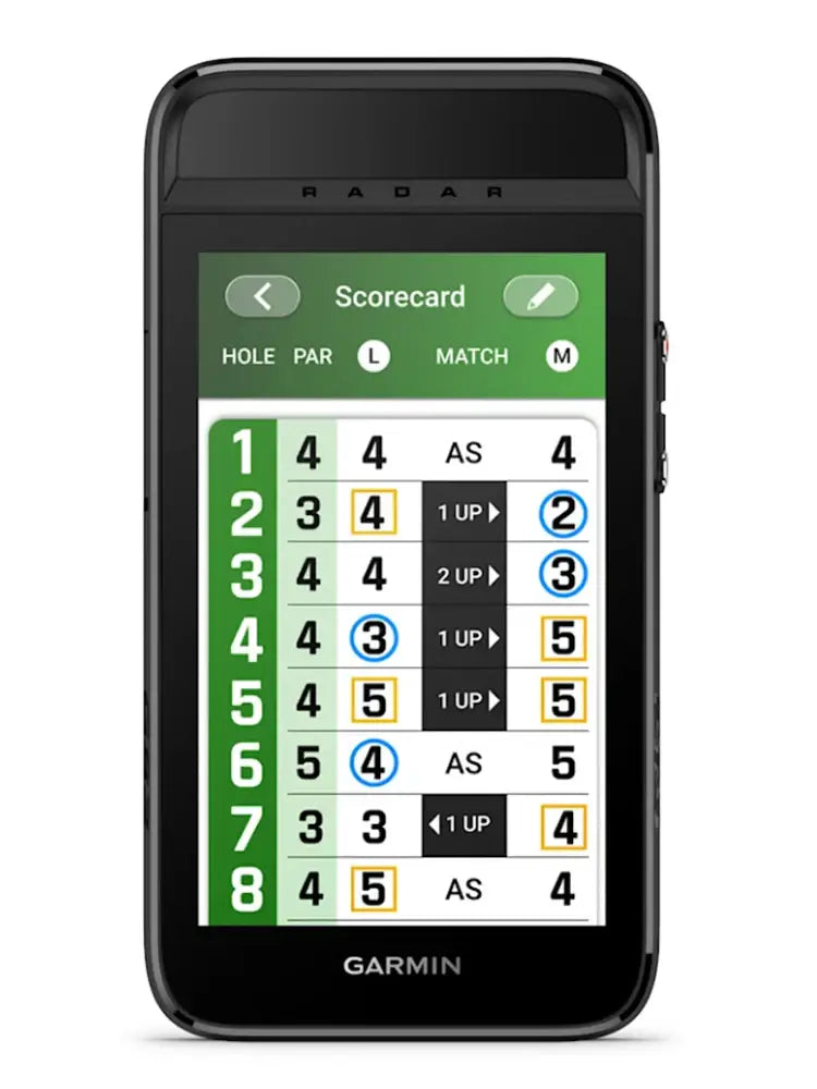Garmin Approach® G82 GPS & Launch Monitor scorecard display showing holes, par, and match scores.