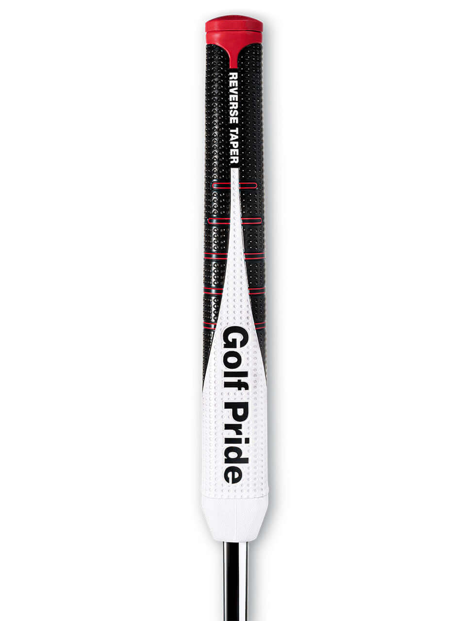 Golf Pride Reverse Taper putter grip featuring distinct shape and dimpled pattern for enhanced control and traction.
