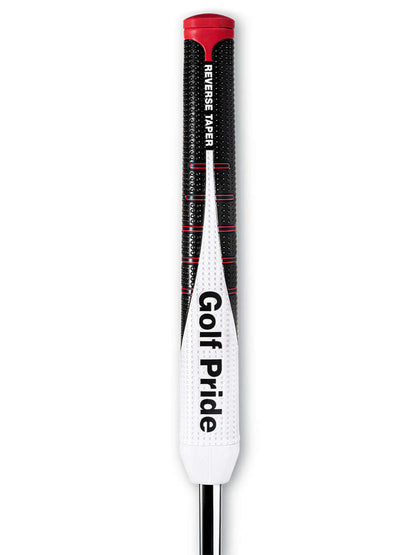 Golf Pride Reverse Taper putter grip featuring distinct shape and dimpled pattern for enhanced control and traction.