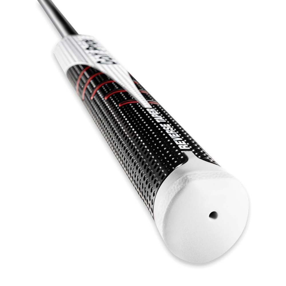 Close-up of Golf Pride Reverse Taper putter grip, showcasing its round shape and textured surface for improved control.
