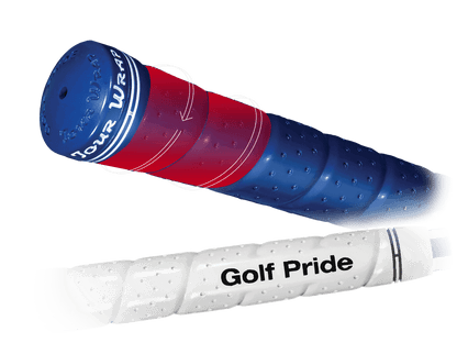 Golf Pride Tour Wrap 2G golf grips in blue and white, showcasing premium rubber construction and softness for enhanced performance.