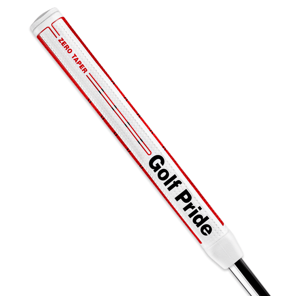 Golf Pride Zero Taper Putter Grip featuring a white and red design for consistent feel and confident putts.
