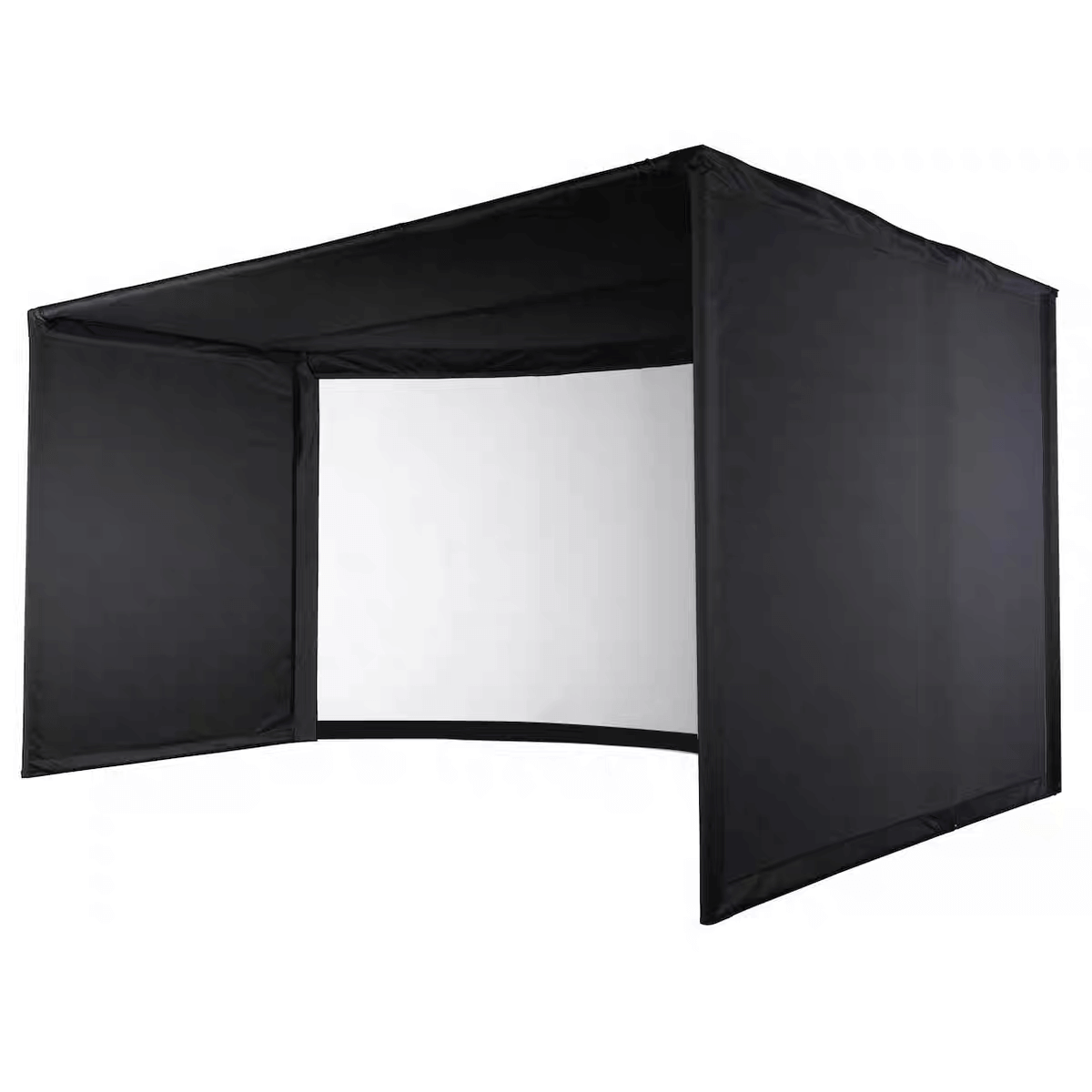 Golf Simulator Championship Package black enclosure with a front screen for immersive golfing experience.