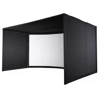 Golf Simulator Championship Package black enclosure with a front screen for immersive golfing experience.