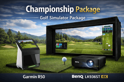 Golf Simulator Championship Package featuring Garmin R50 and BenQ LK936ST 4K projector in a realistic golf setting.