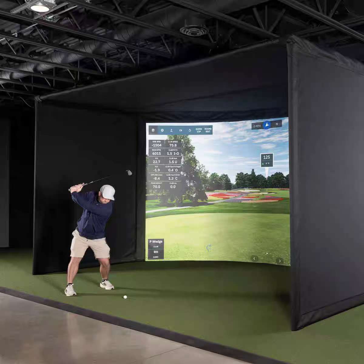 Golfer swinging in Golf Simulator Championship Package setup with detailed performance screen.