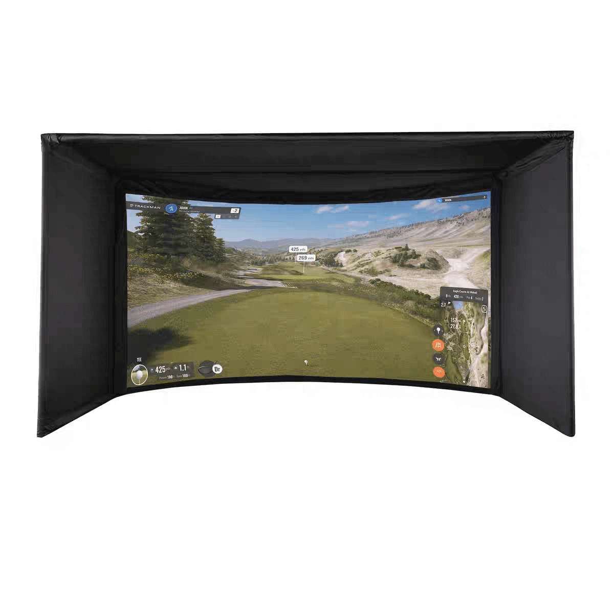 Golf Simulator Championship Package with curved screen displaying a golf course landscape.