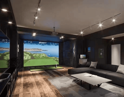 Golf Simulator Championship Package in a modern home entertainment setup with large screen and cozy seating.
