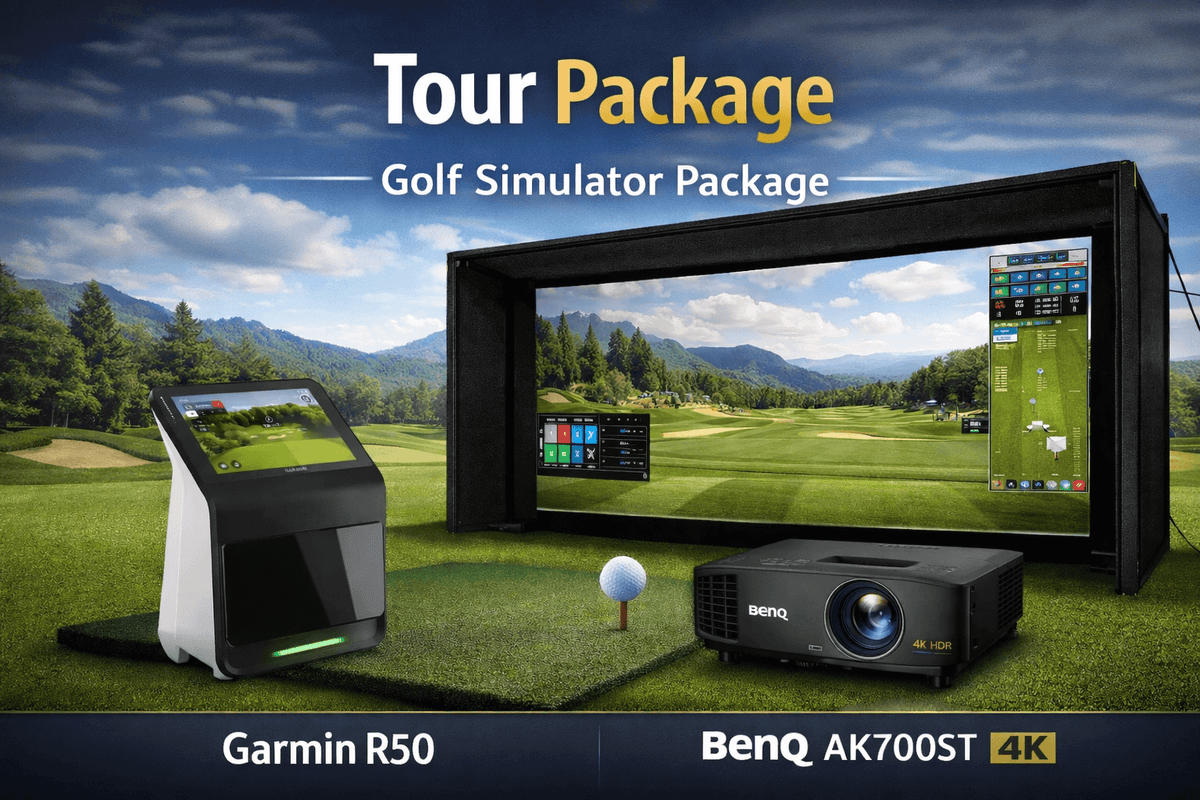 Golf Simulator Tour Package featuring Garmin R50 and BenQ AK700ST 4K projector for premium golf experience.