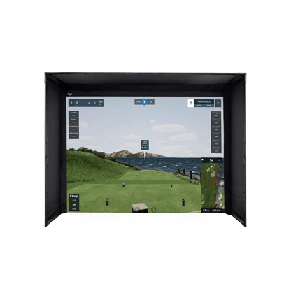 Golf Simulator Value Package screen showing immersive golf course graphics and ball tracking features.