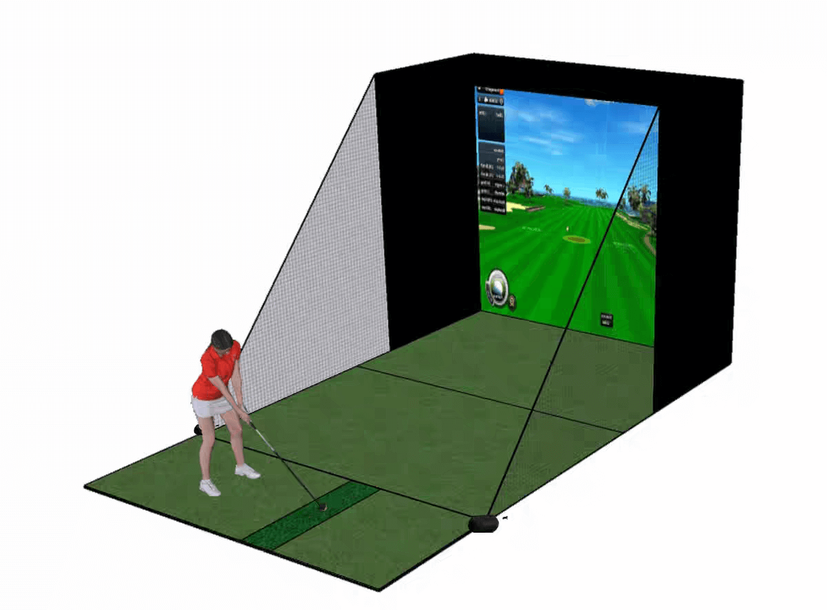 Golf Simulator Value Package featuring a golfer using a home simulator with a large projection screen.