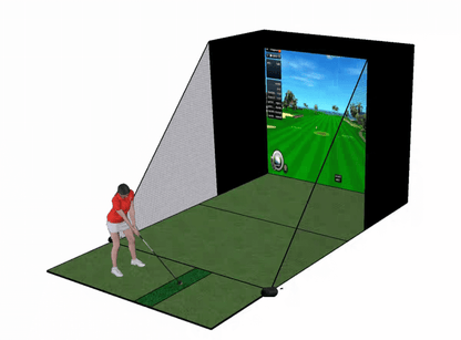 Golf Simulator Value Package featuring a golfer using a home simulator with a large projection screen.