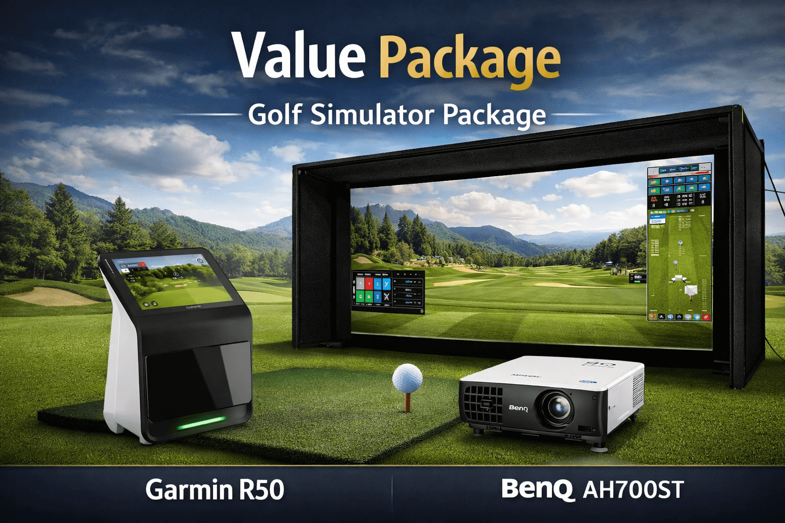 Golf Simulator Value Package featuring Garmin R50 Launch Monitor and BenQ AH700ST projector in immersive setup.