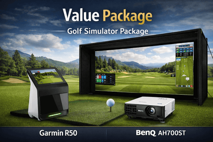 Golf Simulator Value Package featuring Garmin R50 Launch Monitor and BenQ AH700ST projector in immersive setup.