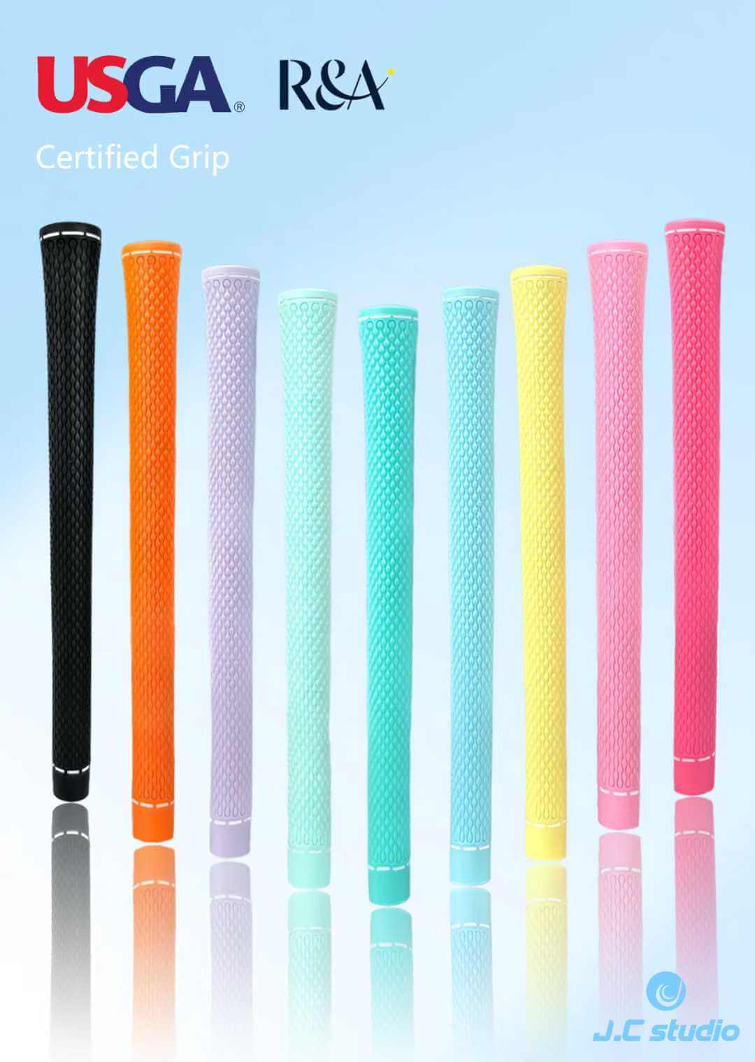 J.C Studio multi-color golf grips featuring USGA certified design for enhanced control and anti-slip performance.