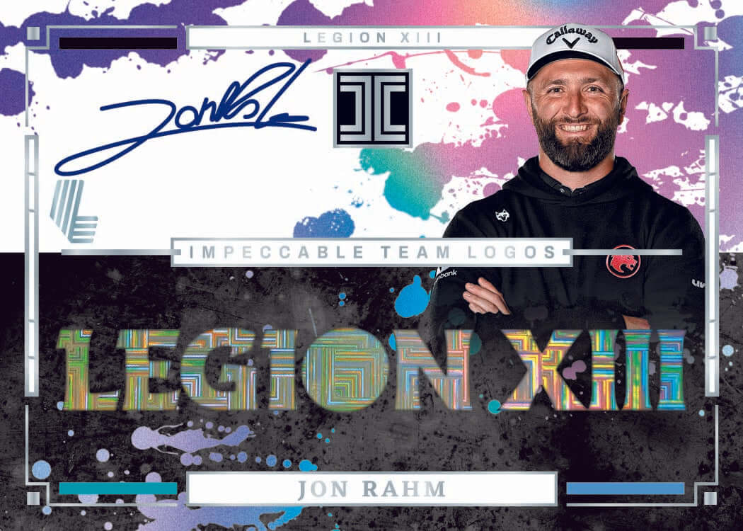 2025 Panini Impeccable LIV Golf Hobby Box (Pre Order) featuring Jon Rahm's signed Impeccable Team Logos card.