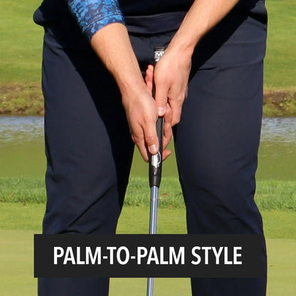 Golfer using JumboMax JMX Palmbird™ Pistol in palm-to-palm grip style for optimal control.