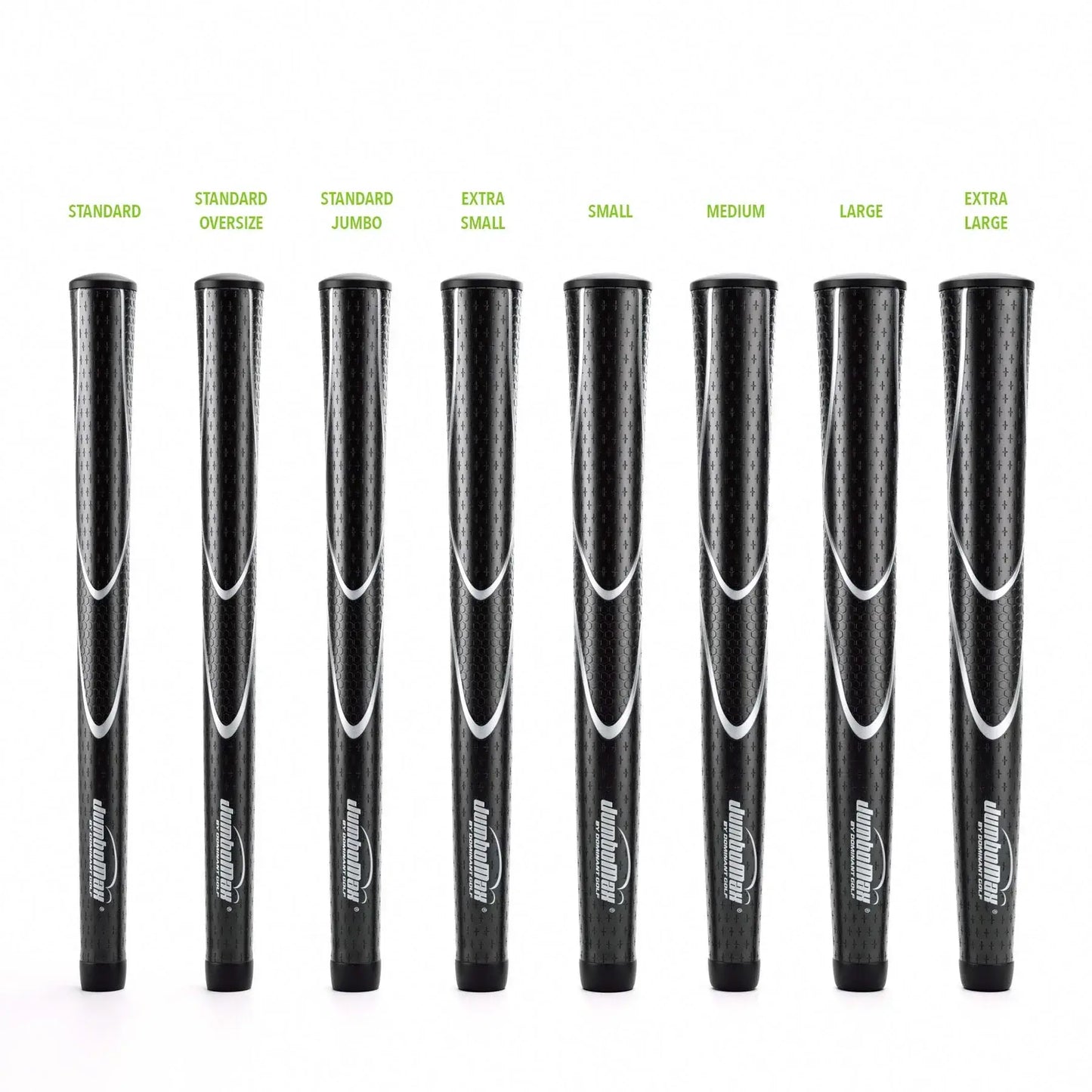 Image showing various JumboMax Tour Series™ grip sizes: Standard, Standard Oversize, Standard Jumbo, Extra Small, Small, Medium, Large, Extra Large.