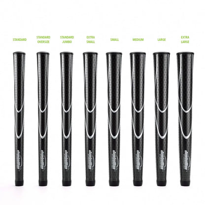 Image showing various JumboMax Tour Series™ grip sizes: Standard, Standard Oversize, Standard Jumbo, Extra Small, Small, Medium, Large, Extra Large.