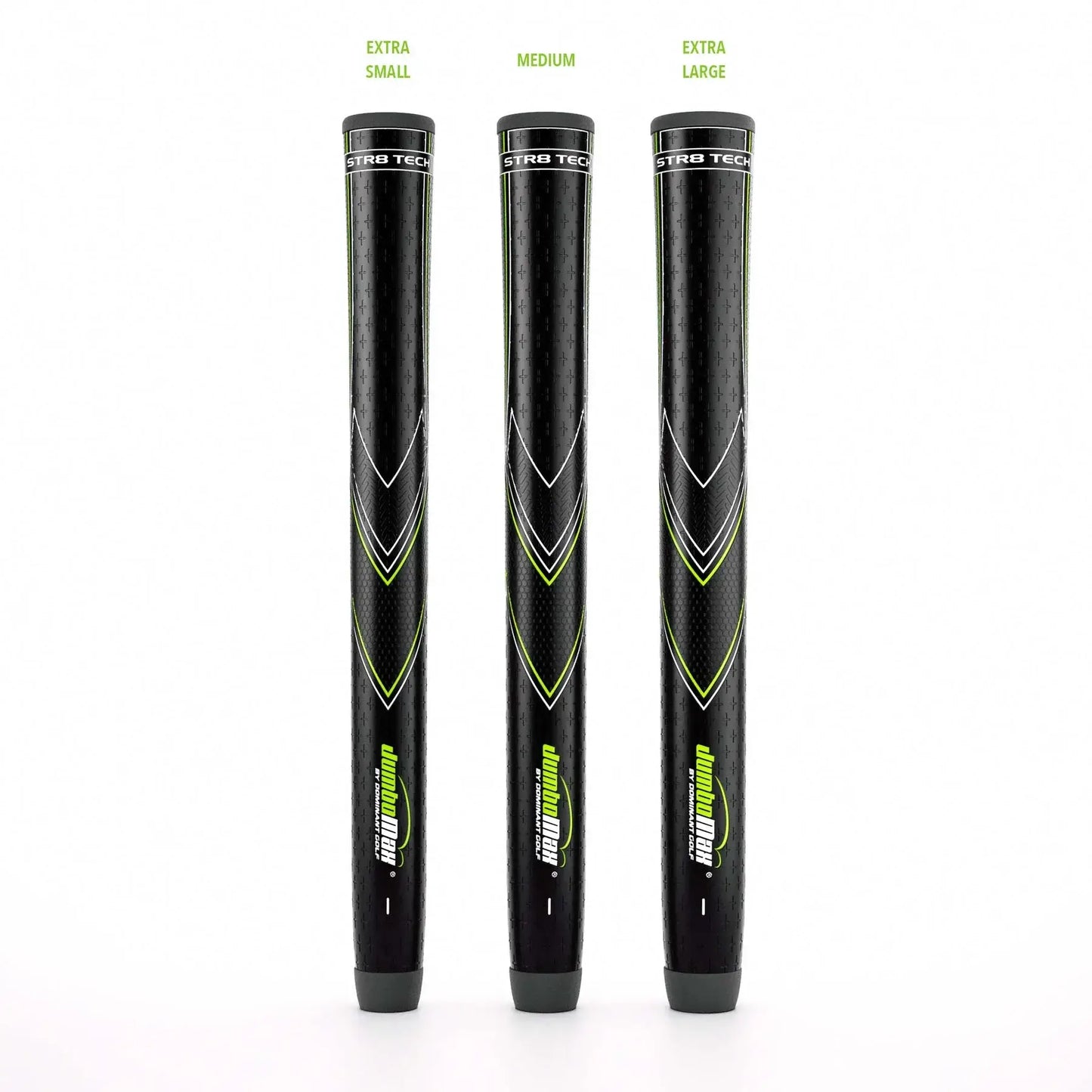 JumboMax STR8 Tech® Non-Tapered Counter Balanced grips in extra small, medium, and extra large sizes.