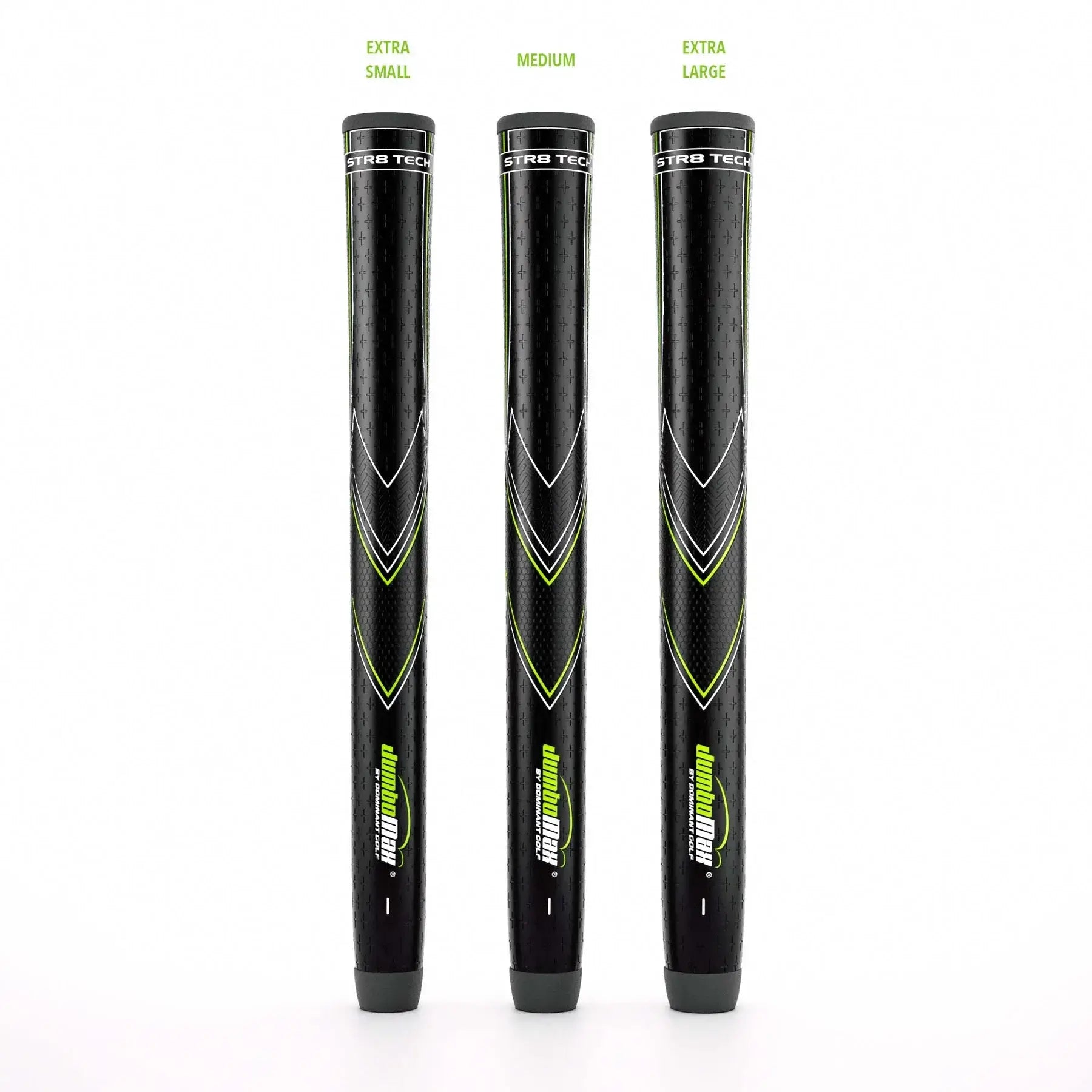 JumboMax STR8 Tech® Non-Tapered Counter Balanced grips in extra small, medium, and extra large sizes.
