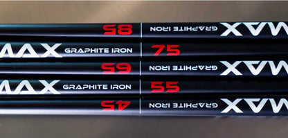 KBS MAX Graphite Iron Shafts showing different flex options: 85, 75, 65, 55, and 45 for optimized swing performance.