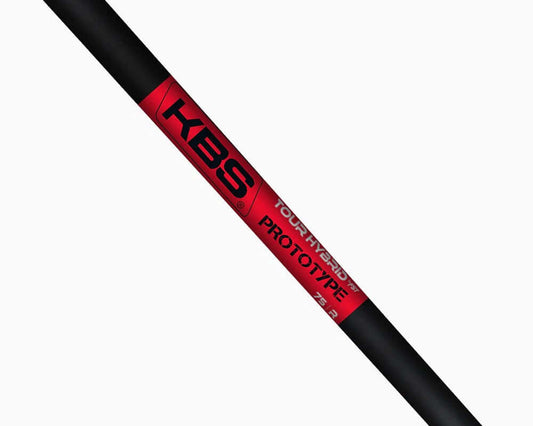 KBS Tour Graphite Hybrid Prototype Shaft, designed for performance and stability in golf, featuring a sleek black and red design.
