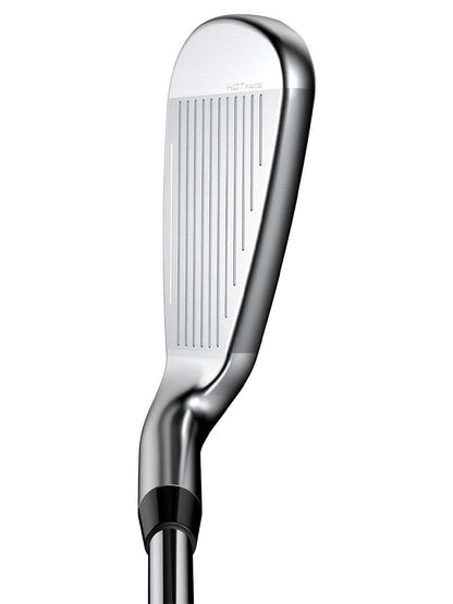 Close-up view of KING MAX Irons showing the sleek design and precision grooves for enhanced performance.