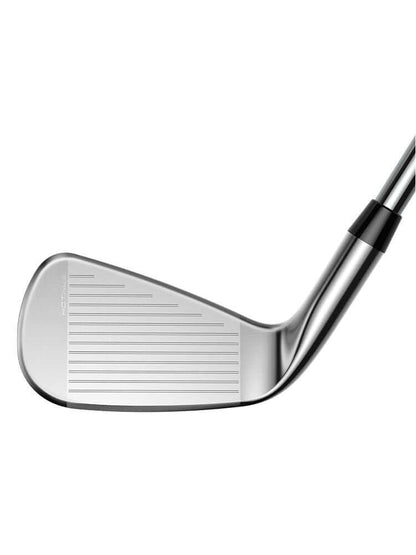 Close-up of the clubface of KING TEC Utility Irons showcasing its sleek design and precision grooves.
