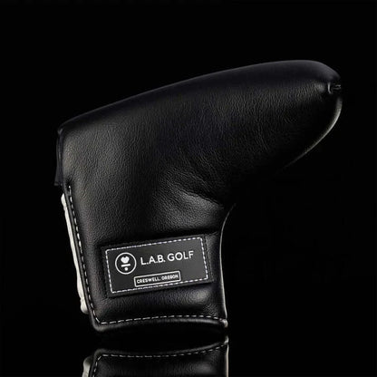 Black leather putter head cover by L.A.B. Golf, made in Creswell, Oregon, designed for optimal protection.
