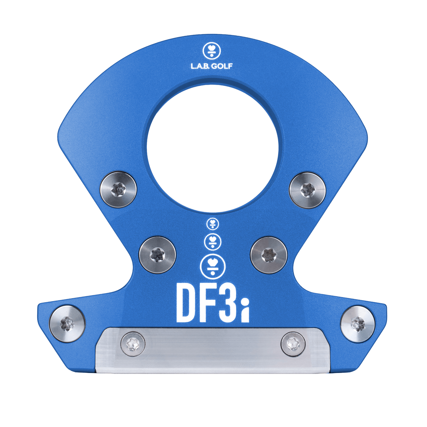 L.A.B. Golf DF3i Custom Putter showing stainless steel insert and unique blue design.