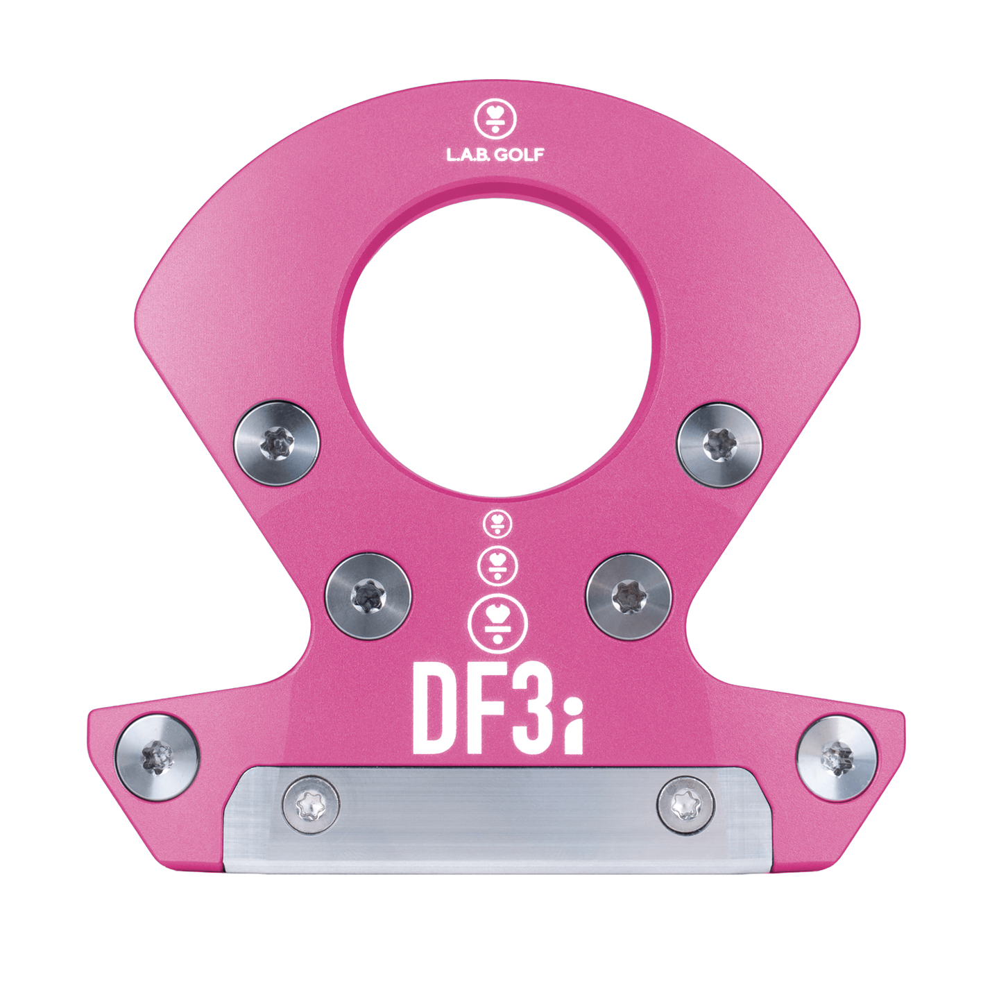 L.A.B. Golf DF3i Custom Putter in pink with stainless steel insert and unique design features.