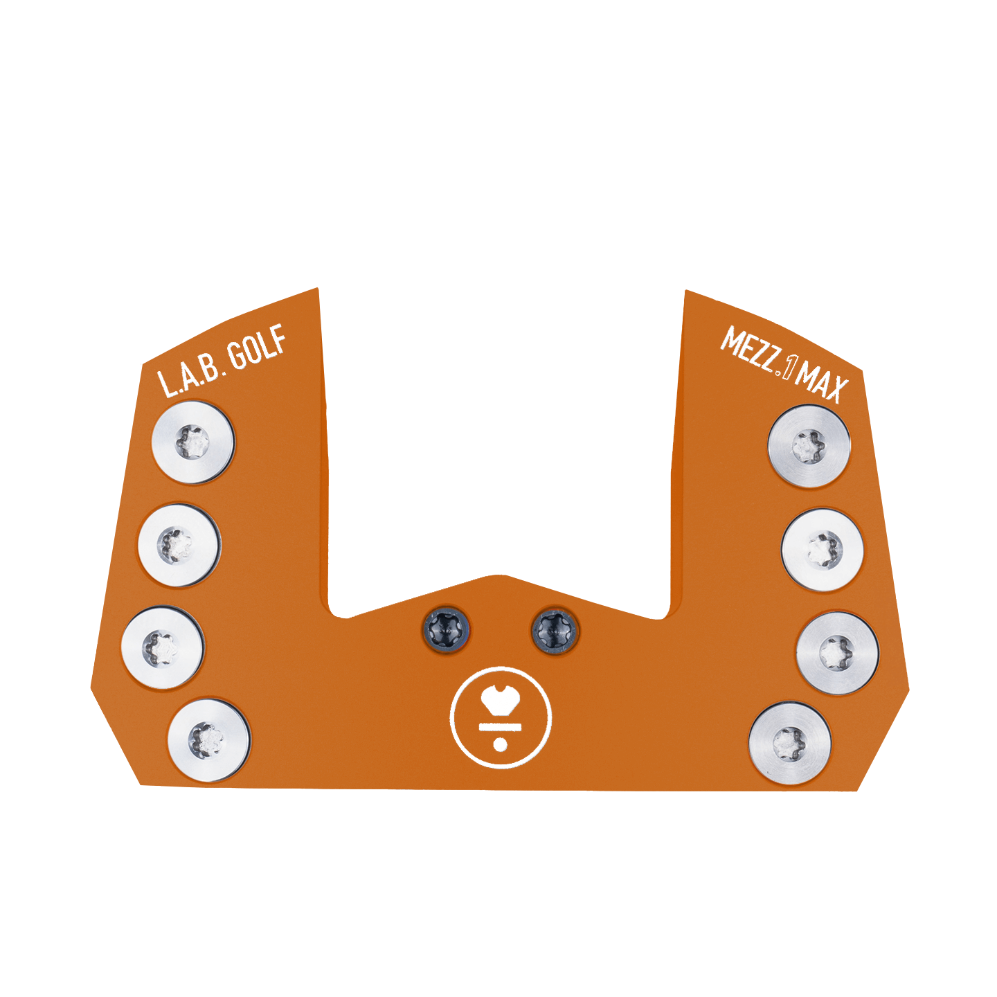 L.A.B. Golf MEZZ.1 MAX custom putter head in orange with silver weights and distinct branding.