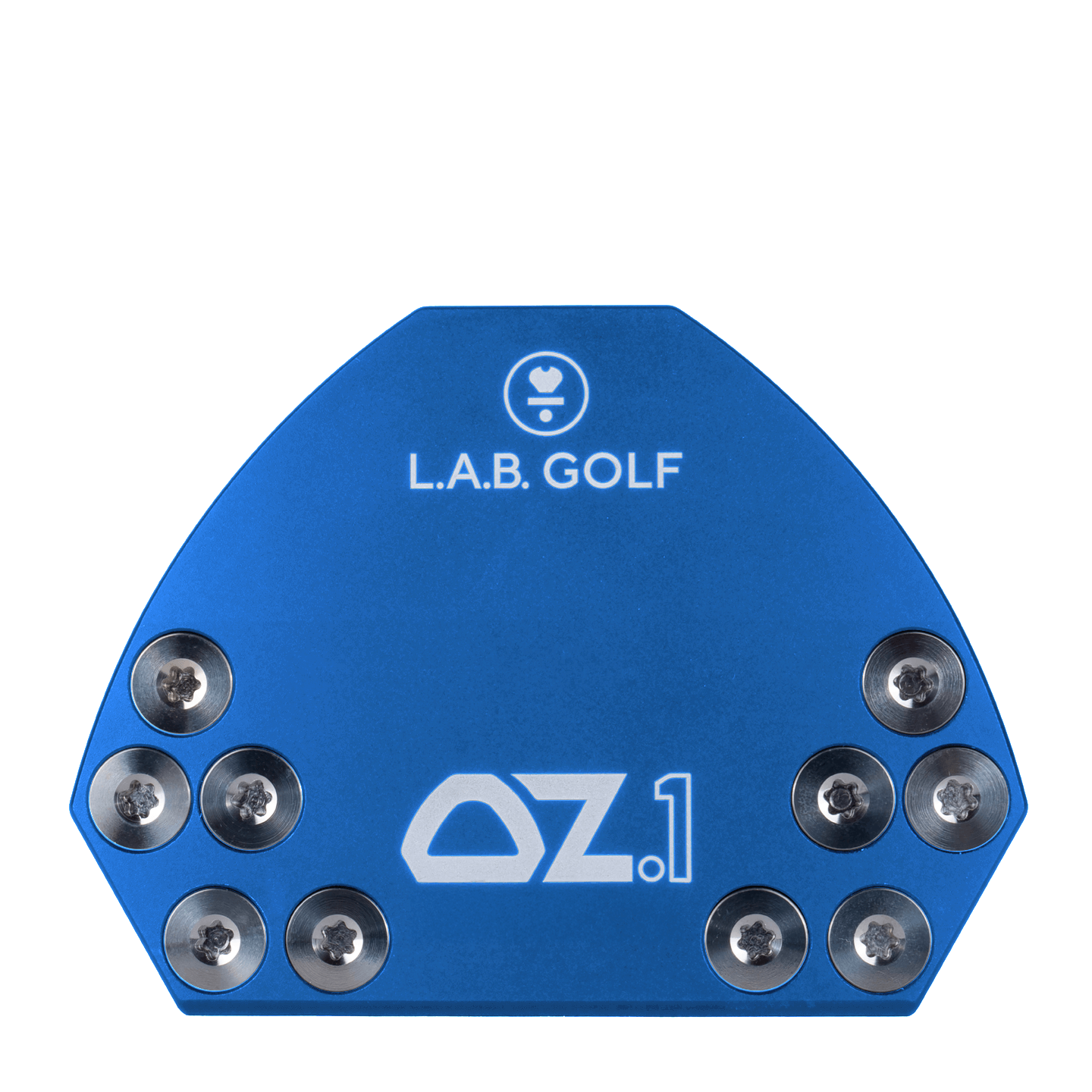 L.A.B. Golf OZ.1 Custom Putter shown from the rear, featuring a vibrant blue design and aluminum construction.