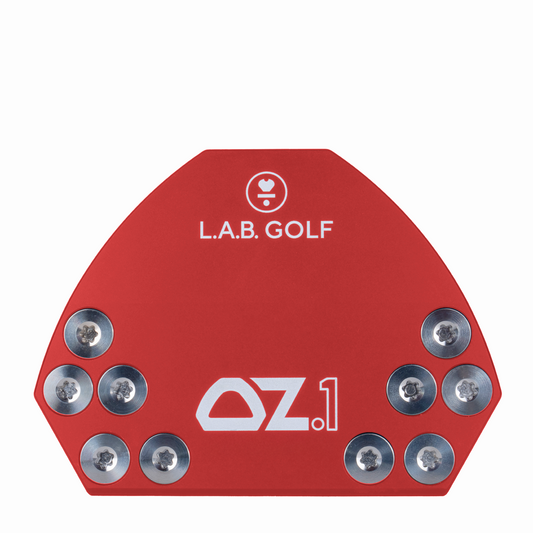 L.A.B. Golf OZ.1 Custom Putter top view showcasing its red aluminum design and unique features.