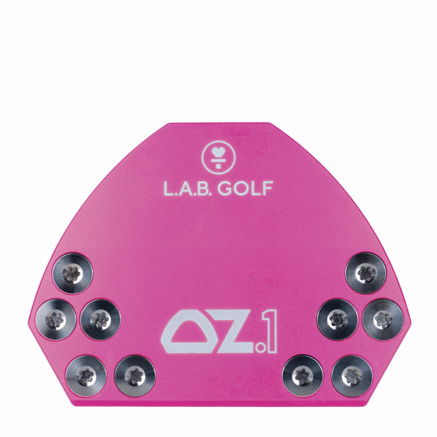 L.A.B. Golf OZ.1 Custom Putter featuring a vibrant pink design with steel weights for enhanced performance.