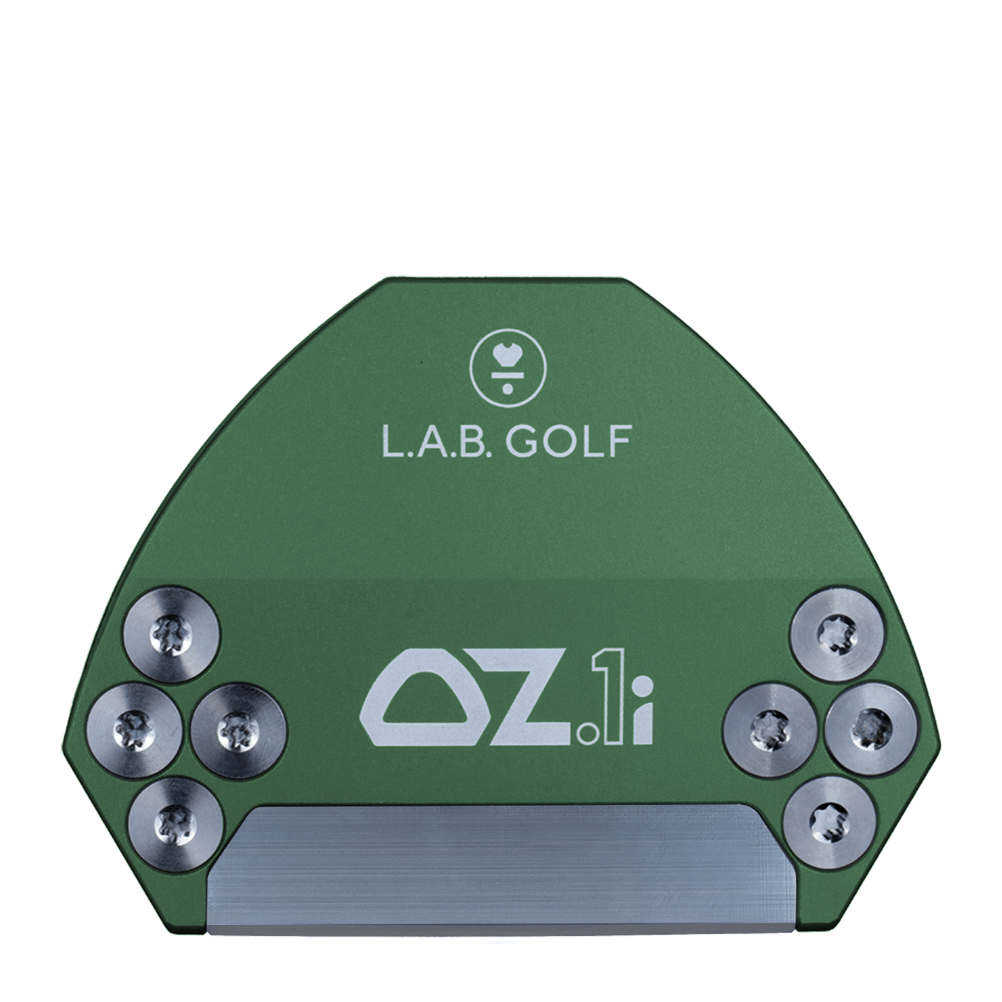 L.A.B. Golf OZ.1i Custom Putter top view showing green design and stainless steel insert.