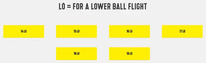 Graphic displaying lower ball flight shaft specifications: 14 LO, 15 LO, 16 LO, 17 LO, 18 LO, 19 LO.