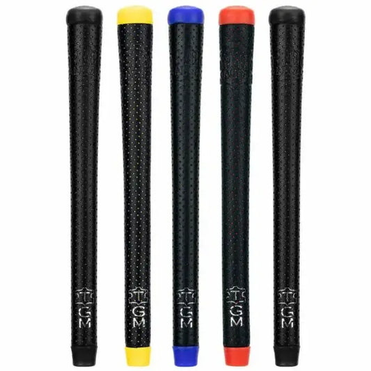 Five Master sewn golf grips in black with colorful ends, designed for enhanced traction and control.
