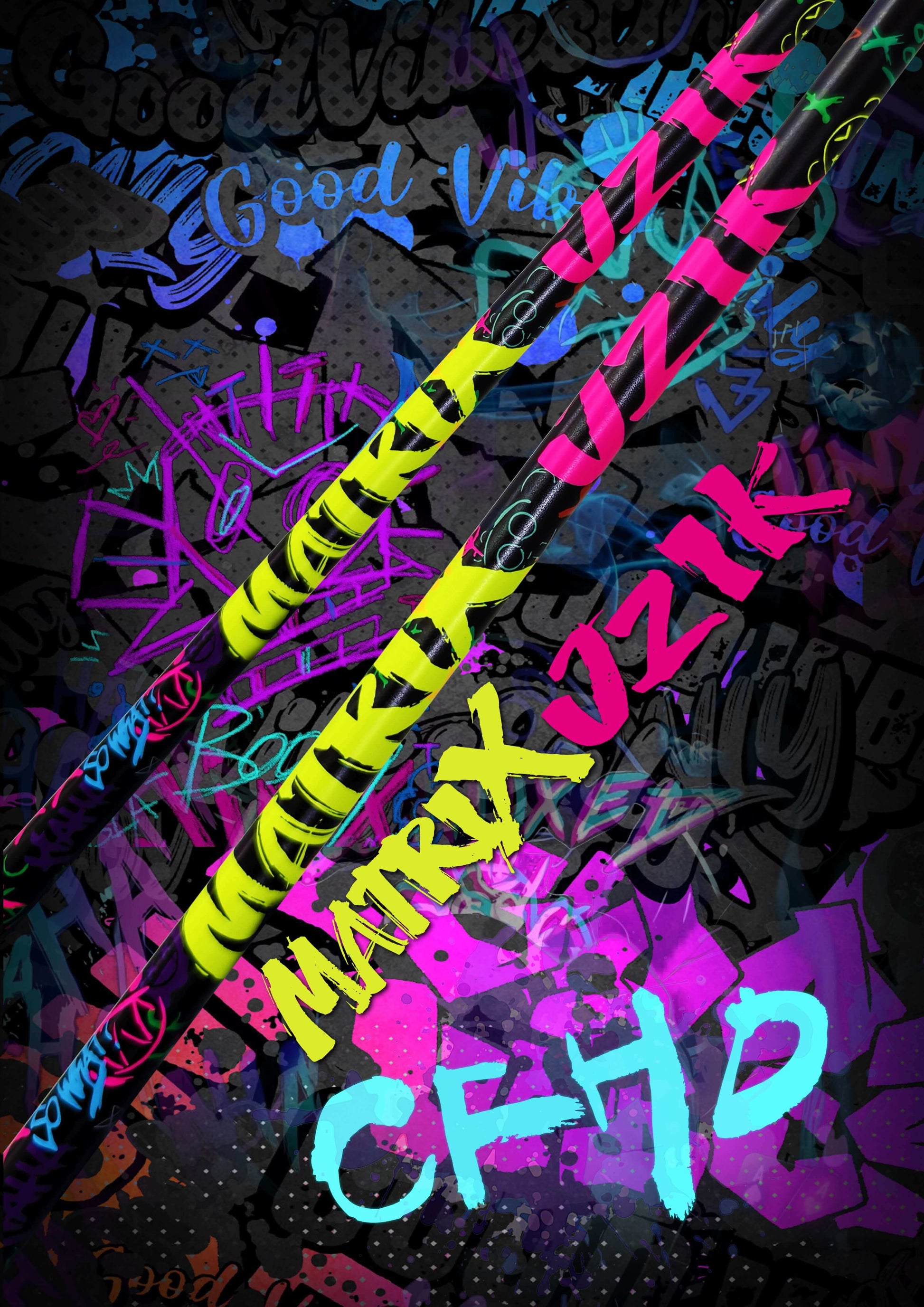MATRIX CFHD Graffiti Series Wood Shaft with colorful designs showcasing engineering and artistry.