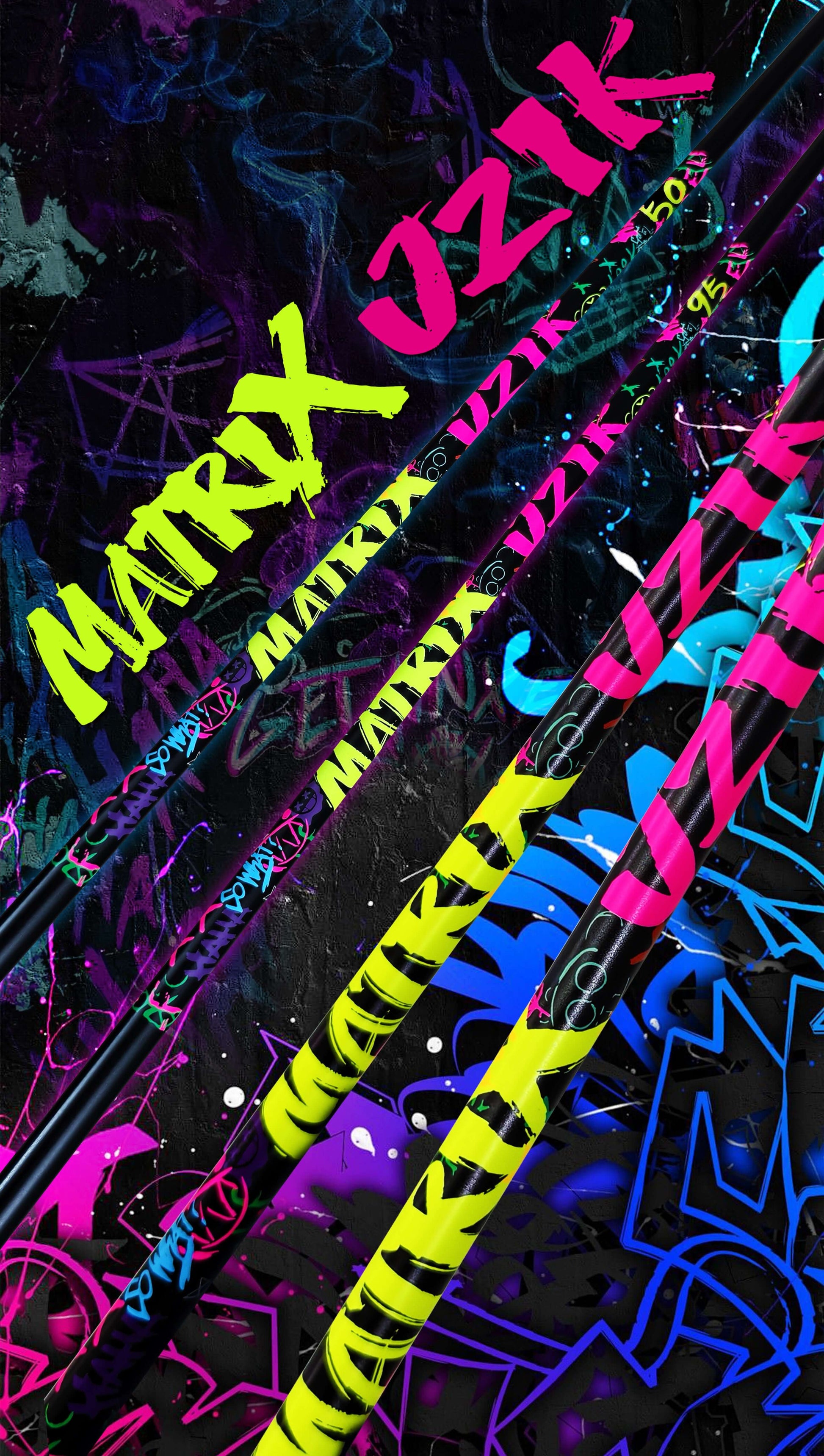 MATRIX CFHD Graffiti Series Wood Shaft displayed with vibrant colors and designs, highlighting performance and style.