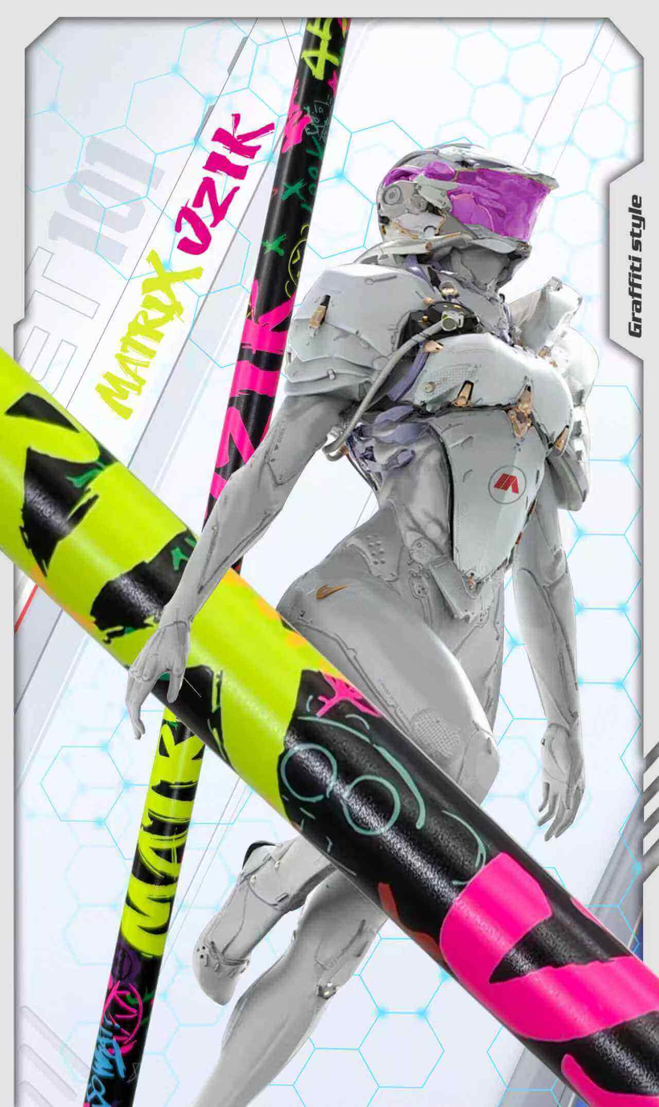 MATRIX CFHD Graffiti Series Wood Shaft displayed with artistic design by MATRIX OZIK, showcasing vibrant colors and unique style.