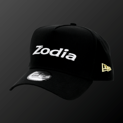 Zodia Metal Badge Cap featuring embroidered logo and New Era flag logo in black fabric