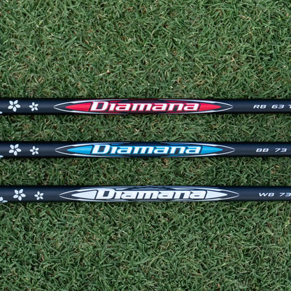 Three Mitsubishi Diamana shafts (RB, BB, WB) displayed on grass, showcasing custom options for golfers.