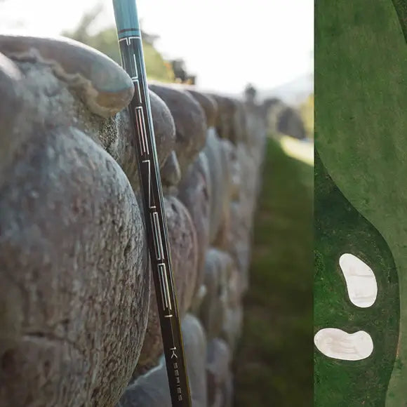 Mitsubishi TENSEI 1K Pro Blue wood shaft alongside a stone wall, showcasing premium golf equipment.