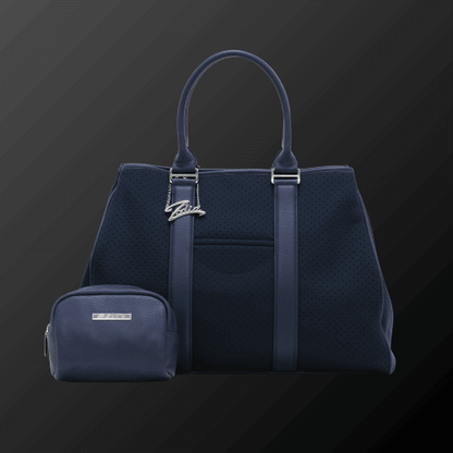 Zodia neoprene tote bag in navy blue with detachable pouch, featuring brand logo charm and durable design.